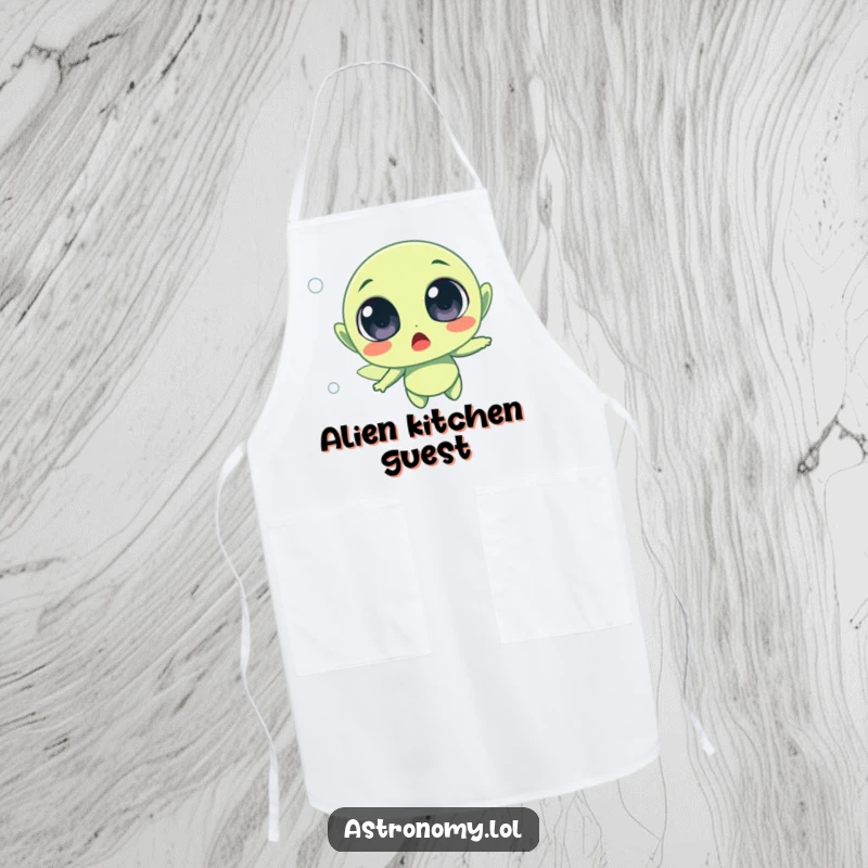 Funny surprised alien character with wide eyes floating in space, adding a humorous touch to kitchen tasks.