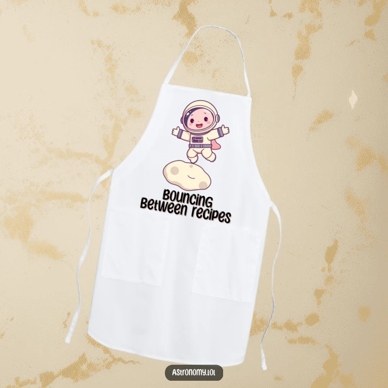 Funny apron showing a joyful astronaut character bouncing on the moon, ideal for kitchen fun and spills.