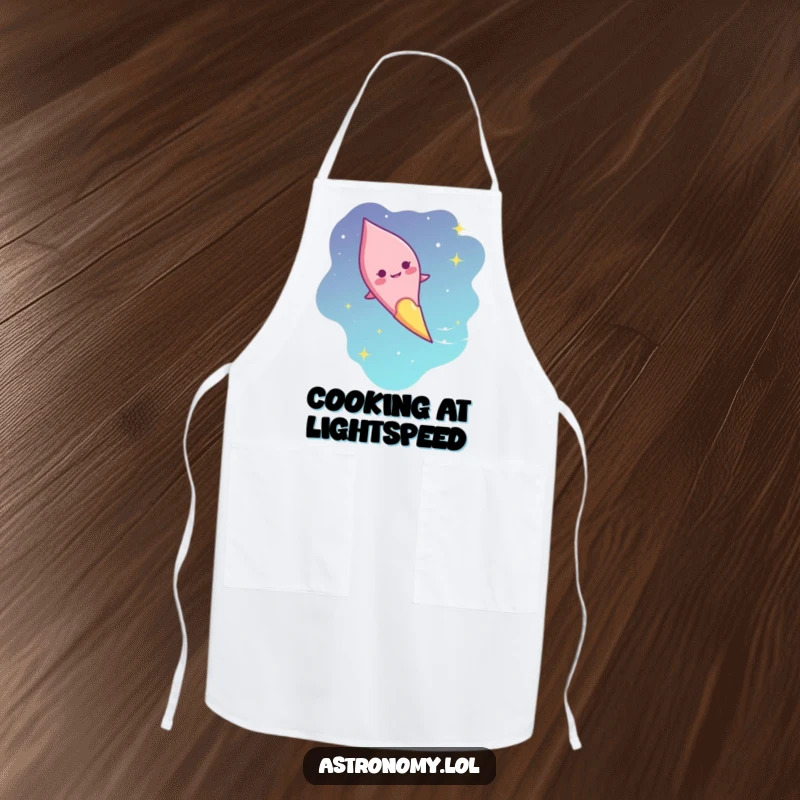 Funny comet chef apron with giggling character streaking across the sky, a humorous kitchen accessory.