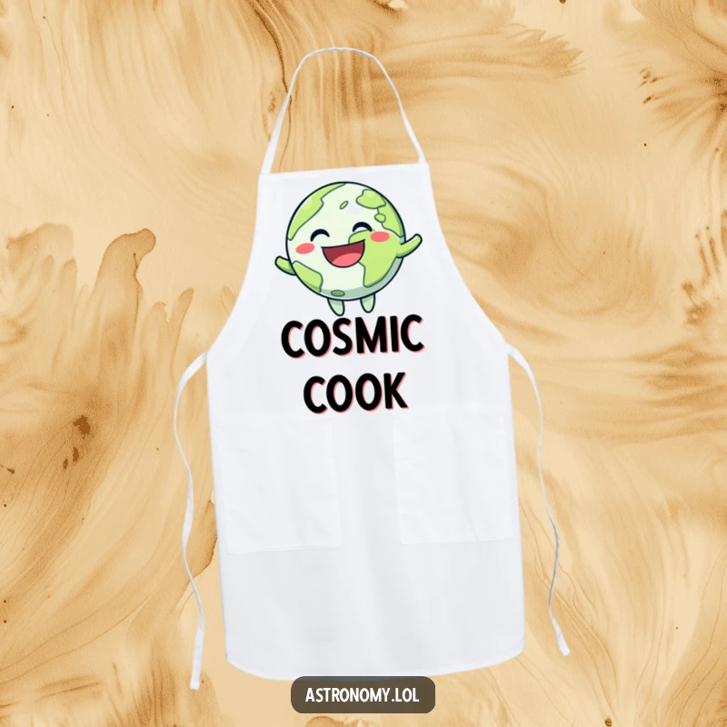 Funny apron design of a bouncing planet character with a wide, joyful grin, perfect for kitchen duties and spreading happiness.