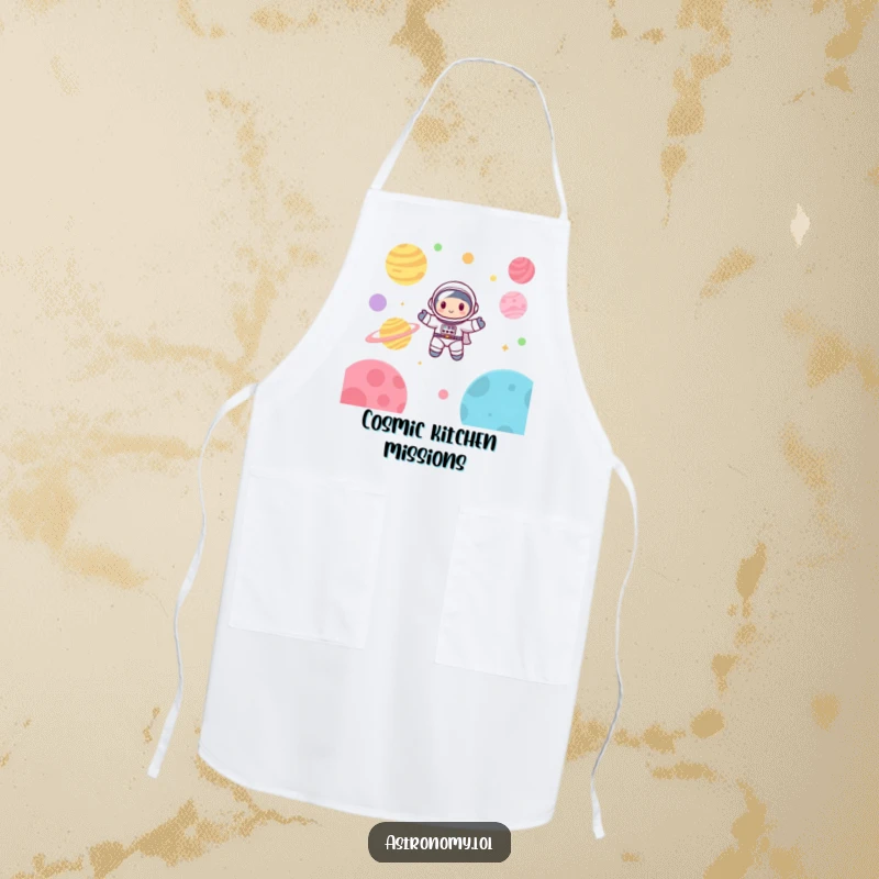 Funny astronaut apron featuring a cute character happily exploring space amongst colorful planets, ideal for kitchen adventures.