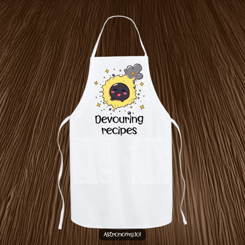 Funny cheerful black hole character playfully swirling stardust on a kitchen apron, for the cosmic chef.