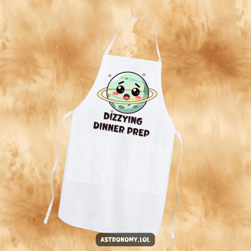 Funny planet apron with a surprised, spinning character, ideal for kitchen use and a humorous gift.