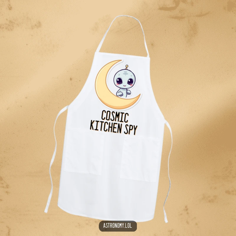 Funny alien apron with a mischievous character peeking from behind a crescent moon, perfect for kitchen fun and humor.