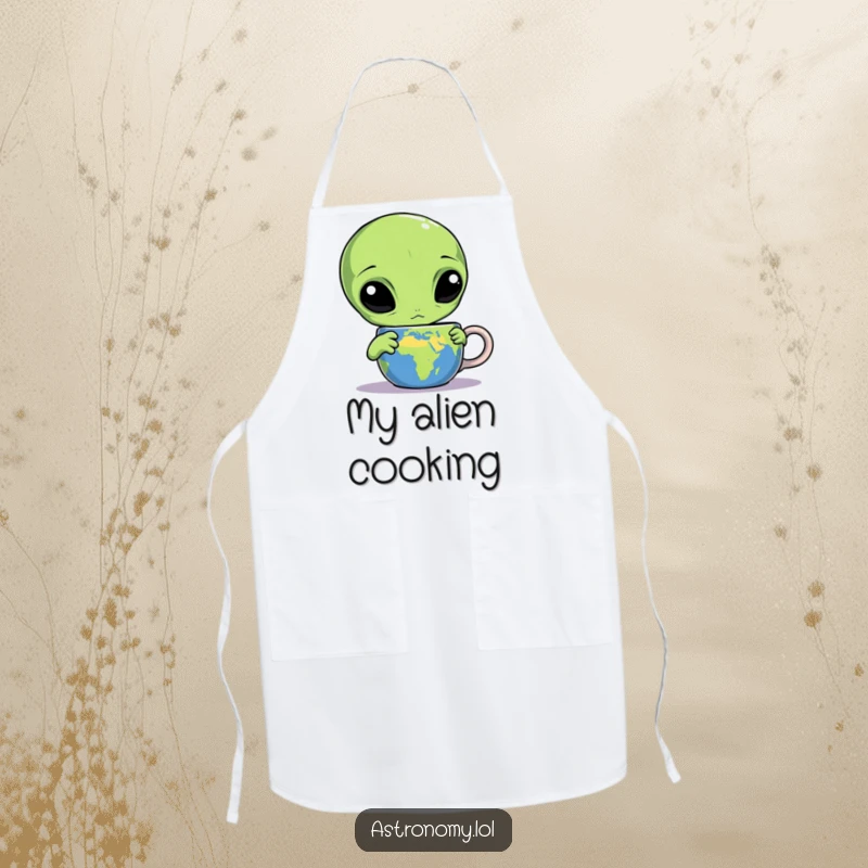 Funny alien apron depicting a confused three-eyed creature staring at an Earth mug, adding humor to kitchen activities.