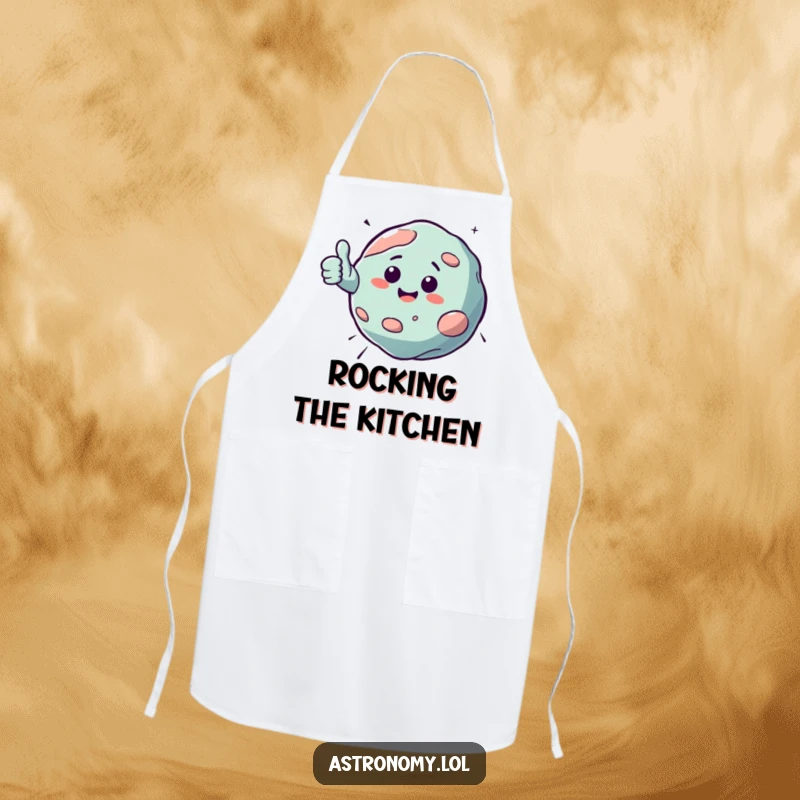 Funny apron featuring a bouncing asteroid character giving a cheerful thumbs up, designed for kitchen use with a touch of space humor.