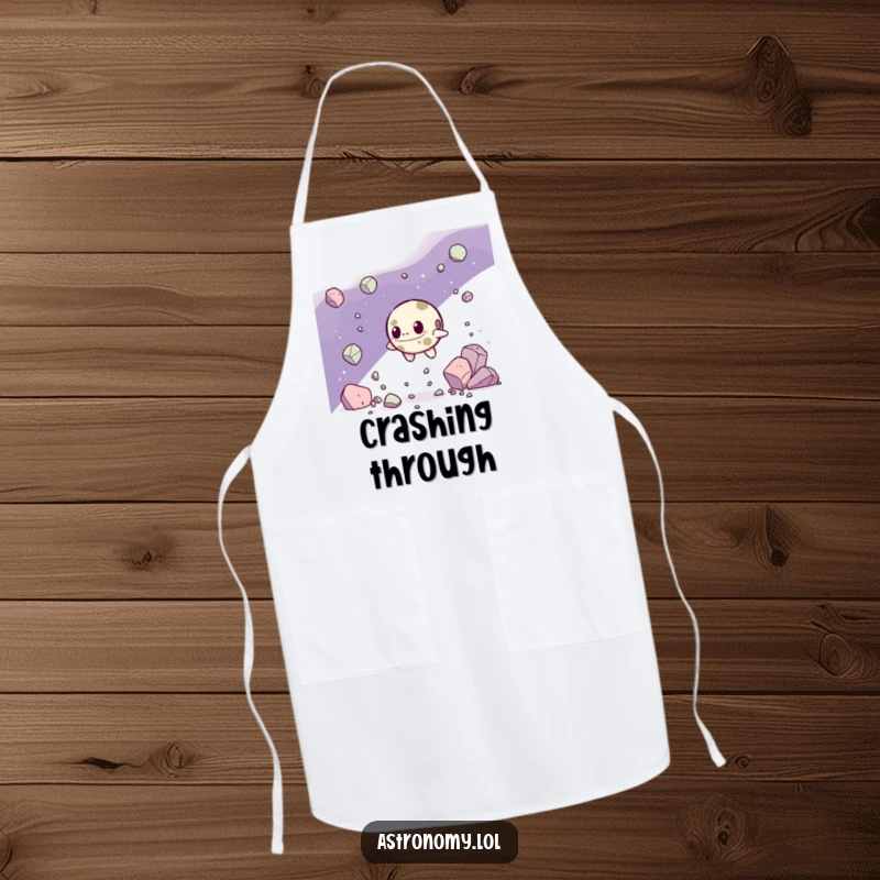 Funny Apron: A Determined Asteroid Character Navigating Debris while Cooking, adding resilient humor to the kitchen. A fun gift.
