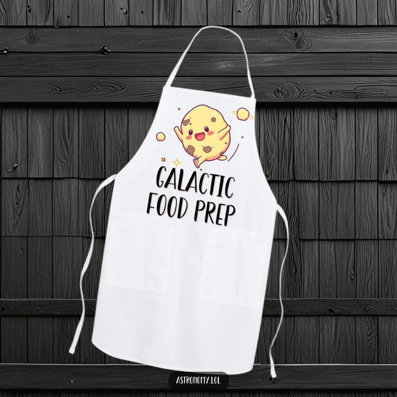 Funny apron featuring a cheerful asteroid executing a cartwheel, designed for cooks who love to add humor to their kitchen activities.