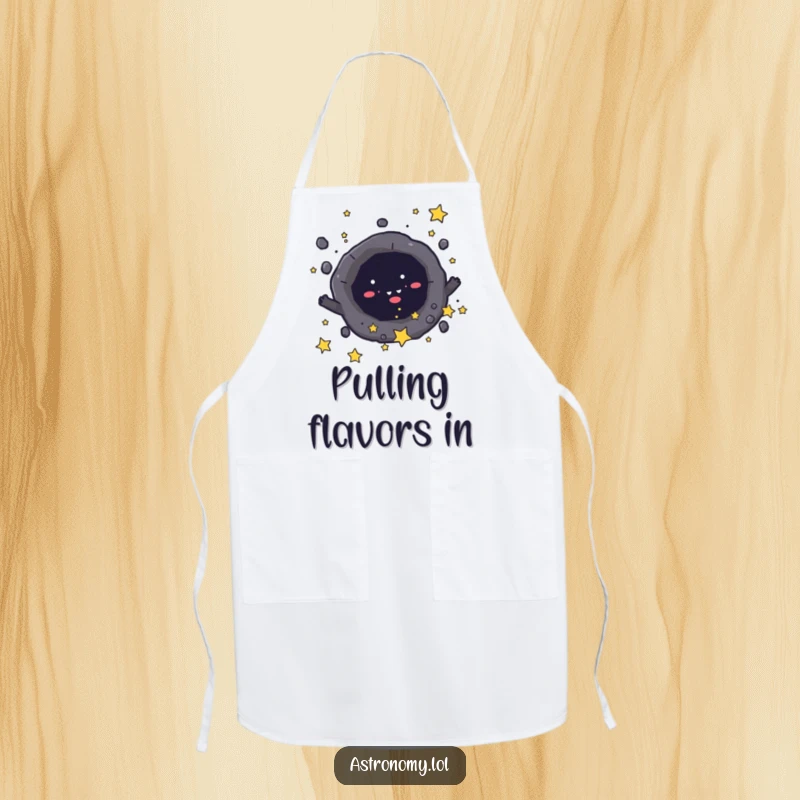 Funny apron depicting a mischievous black hole character playfully pulling in small stars, perfect for kitchen adventures. Hilarious gift.