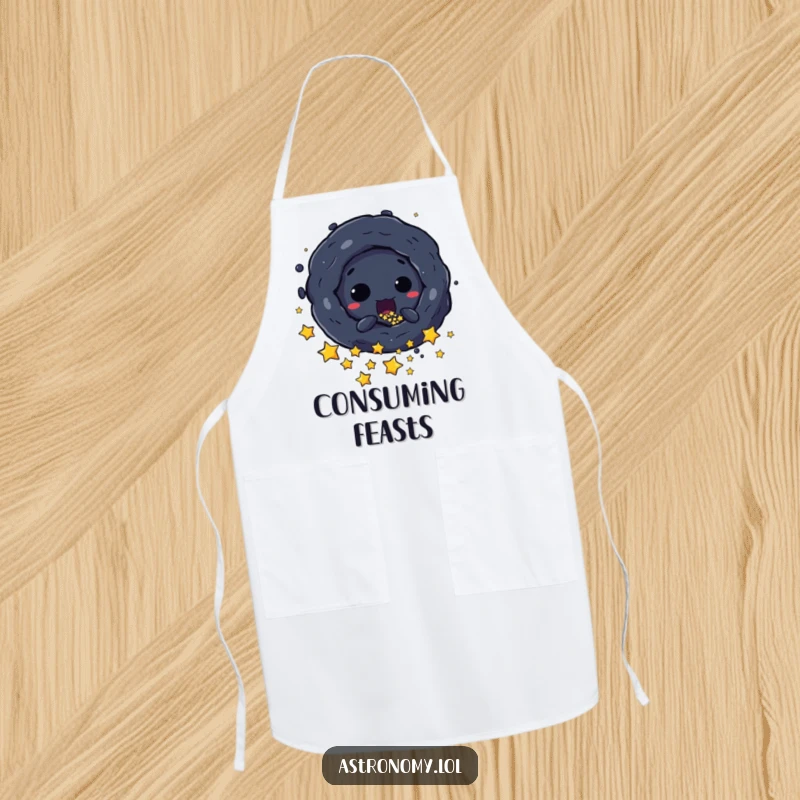 Funny Apron: A Mischievous Black Hole Character Sucking in Stars while Cooking, adding dark humor to the kitchen. A fun gift.