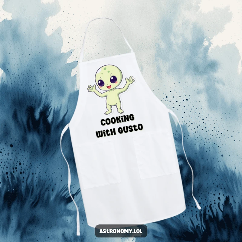 Funny apron showing a bouncing alien character enthusiastically waving with all three arms, adding fun to cooking tasks.