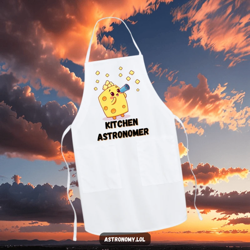 Funny apron: A cheese cube using a telescope to view popcorn stars, a humorous kitchen accessory.