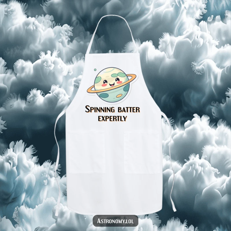 Funny apron with a cute, smiling planet character happily spinning, perfect for kitchen duties with a humorous celestial touch.