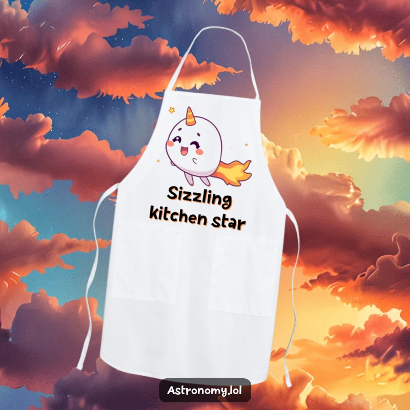 Funny comet apron with a cheerful character and fiery tail zipping by, perfect for the kitchen and a humorous gift.