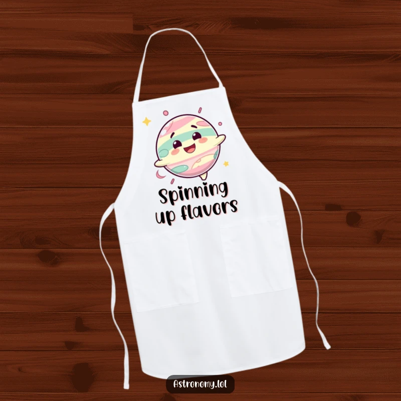 Funny apron depicting a delighted planet character spinning with a happy grin, perfect for a fun cooking experience.