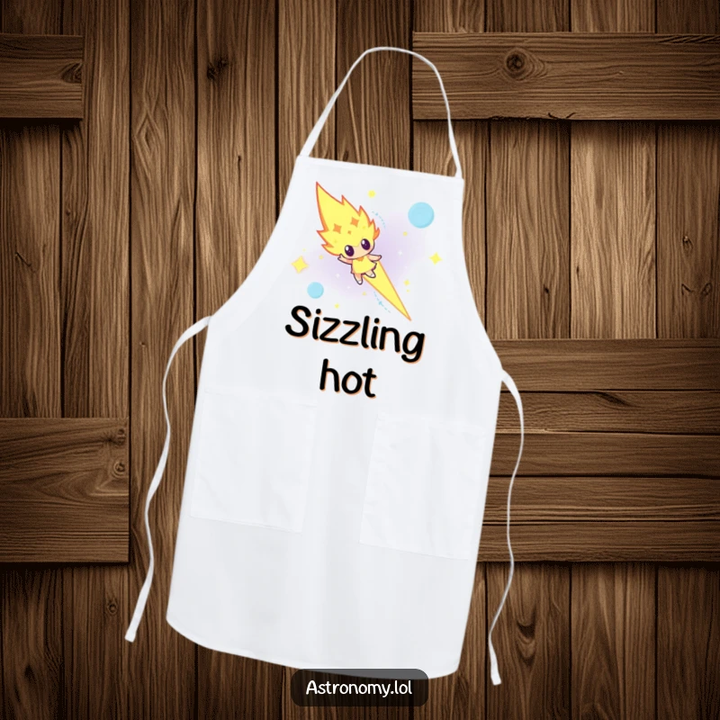 Funny determined meteor character blazing across a night sky on a kitchen apron, for a powerful cook.