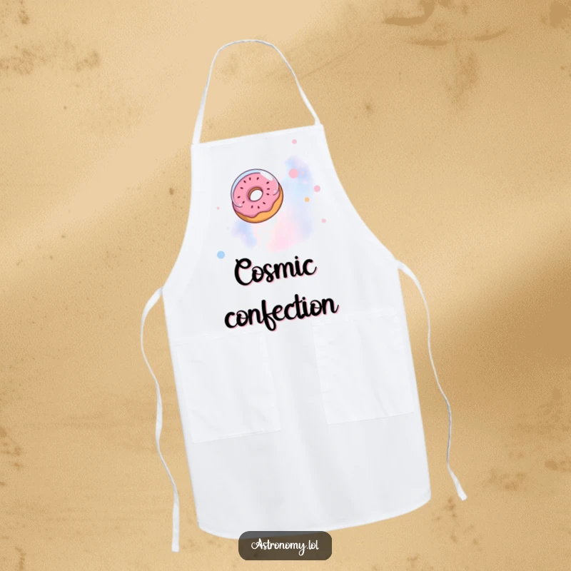 Funny apron: A donut with an astronaut helmet floating in a nebula, a humorous kitchen accessory.
