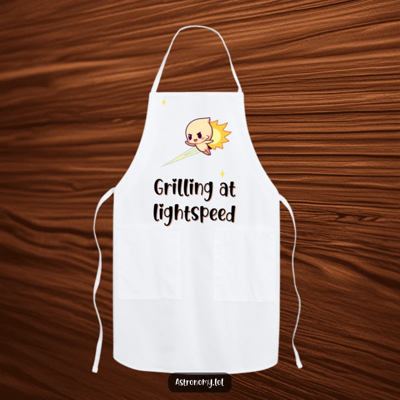 Funny meteor character streaking determinedly across the sky on a kitchen apron, a humorous and energetic cooking tool.