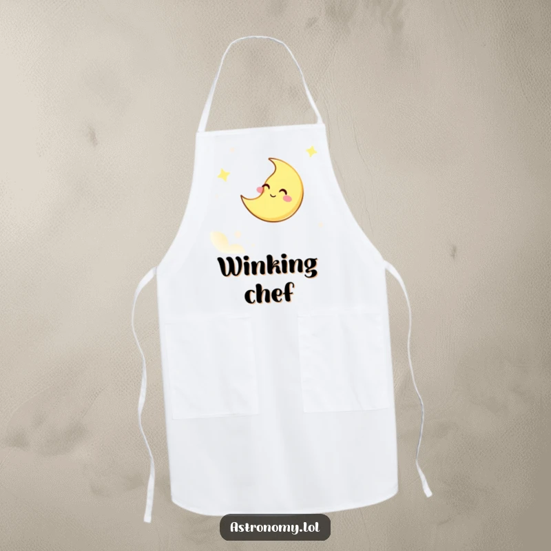 Funny apron featuring a giggling moon character winking from the sky, ideal for kitchen tasks with a humorous, nocturnal theme.