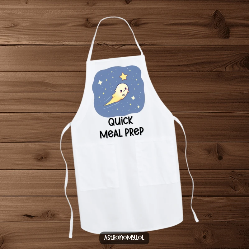 Funny apron depicting a playful comet streaking across a starry sky, perfect for a fun cooking experience.