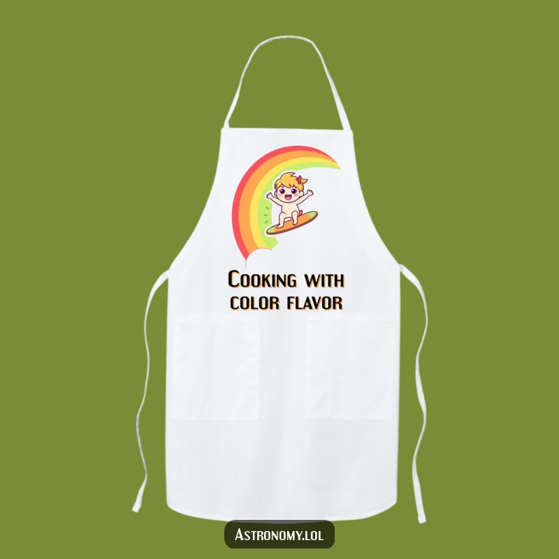 Funny Rainbow Apron: Happy Character Surfs Rainbow, Cheerful Kitchen Funny Gift