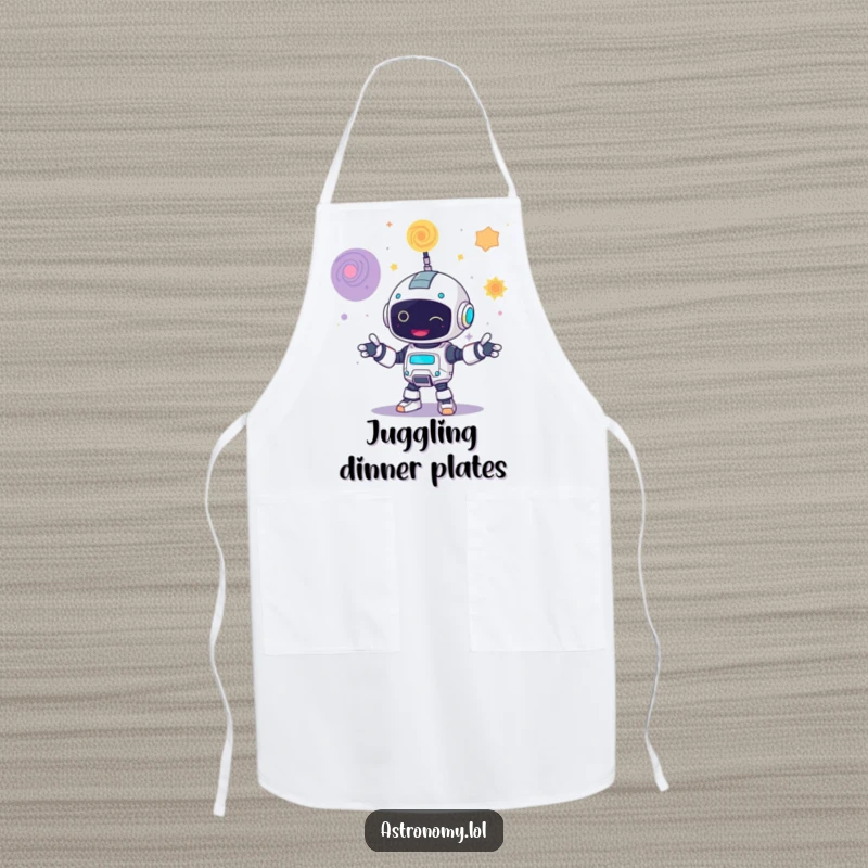 Funny apron depicting a giggling robot juggling three colorful galaxies, perfect for a fun cooking experience.