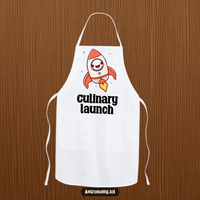 Funny rocket ship apron with a happy, grinning character blasting off, perfect for kitchen fun and a humorous gift.