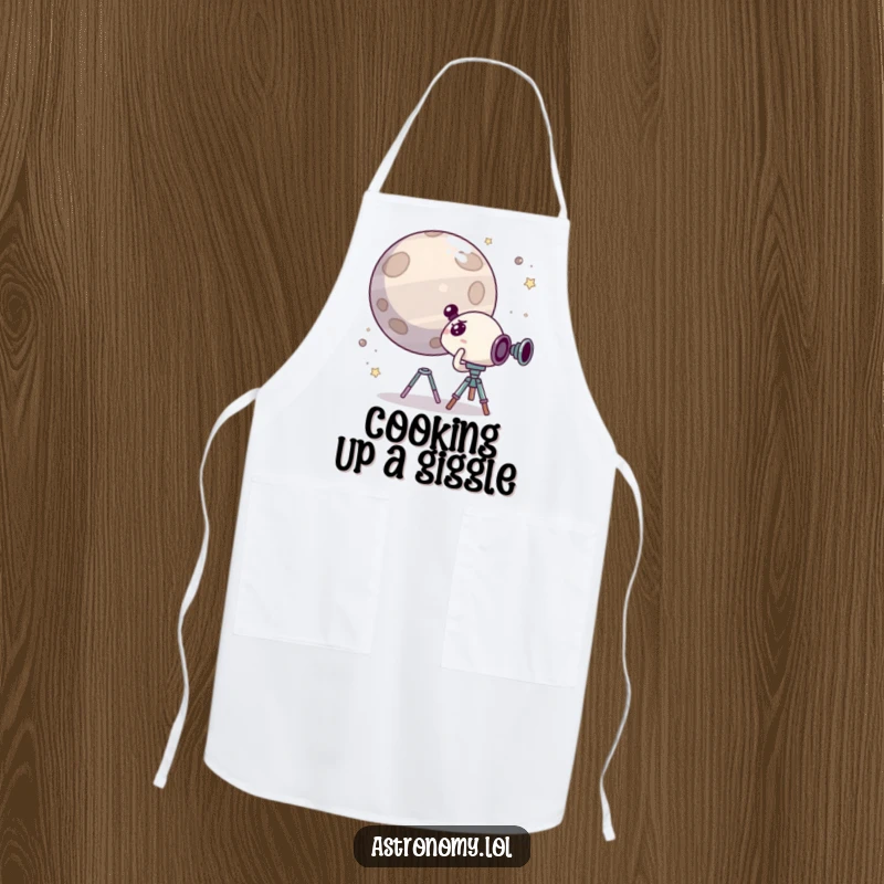 Funny apron showing a cute, surprised character peering through a telescope at a giggling planet, perfect for a humorous cooking experience.