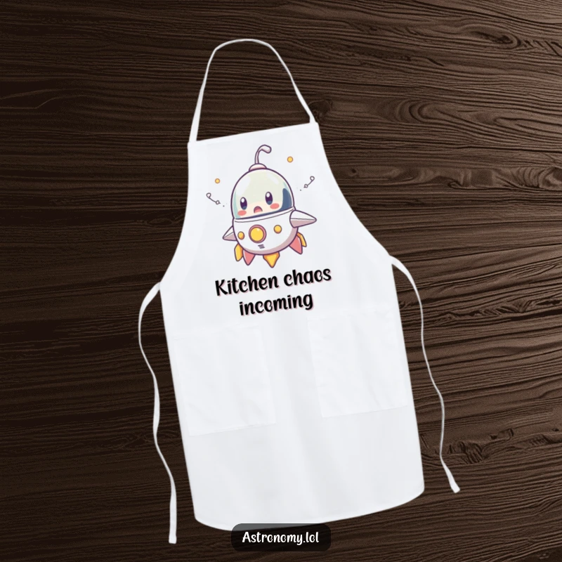 Funny apron featuring a surprised spaceship character puffing cartoonish smoke trails, ideal for kitchen use with a humorous, space-themed twist.