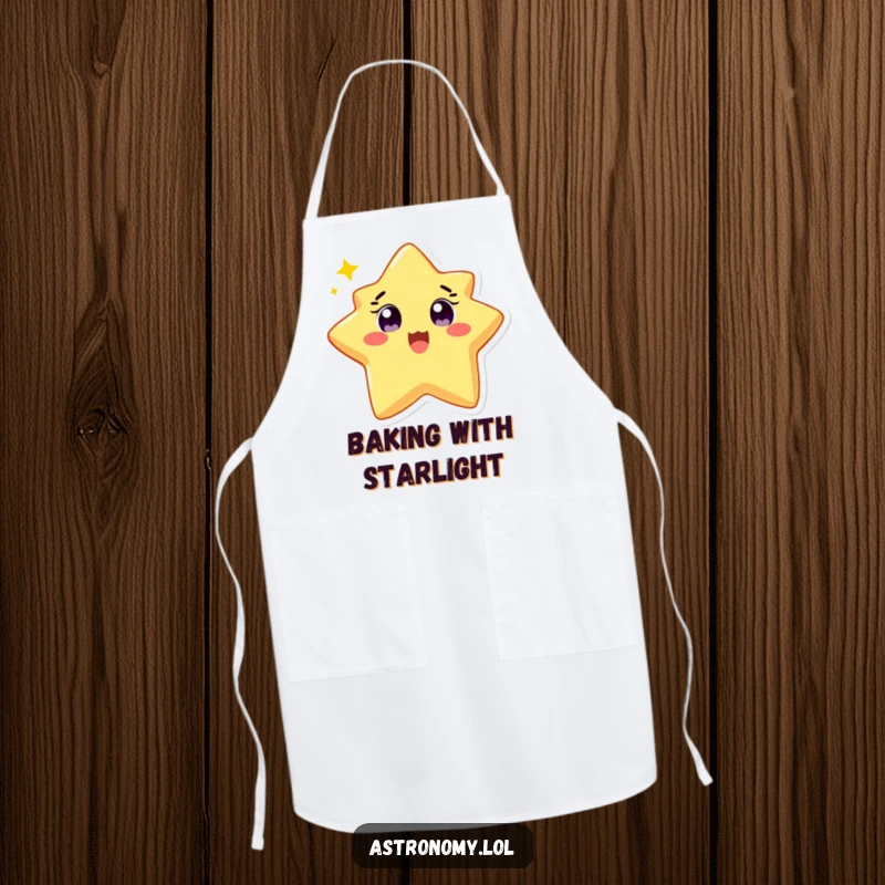 Funny apron featuring a delighted star character twinkling brightly, adding cheer to your cooking. Practical gift.
