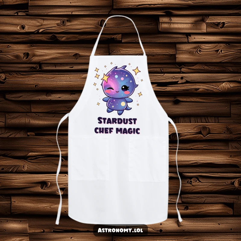 Winking galaxy character swirling with cheerful stardust on a kitchen apron, a charming and humorous cooking accessory.