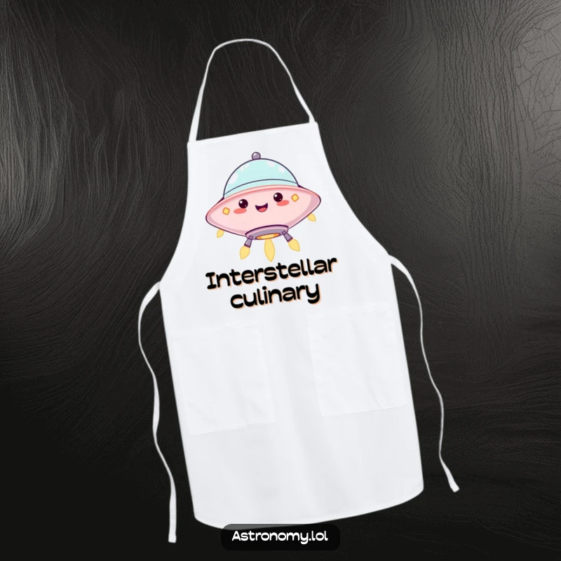 Funny apron depicting a jolly UFO character hovering with blinking lights, adding cheer to your kitchen adventures. Cute gift.