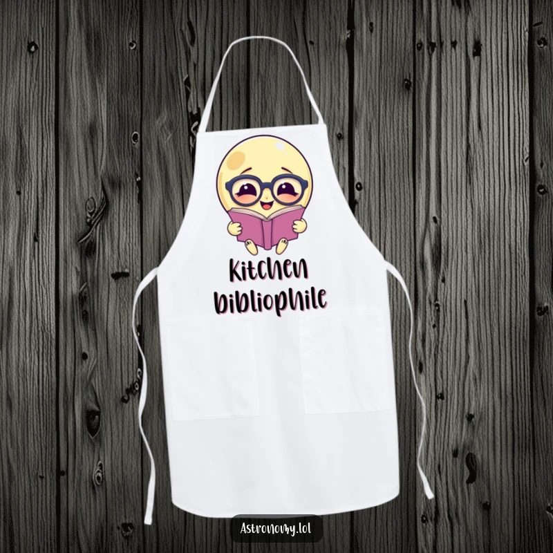 Funny apron: A smiling moon wearing glasses reads a book, a humorous accessory for kitchen scholars.