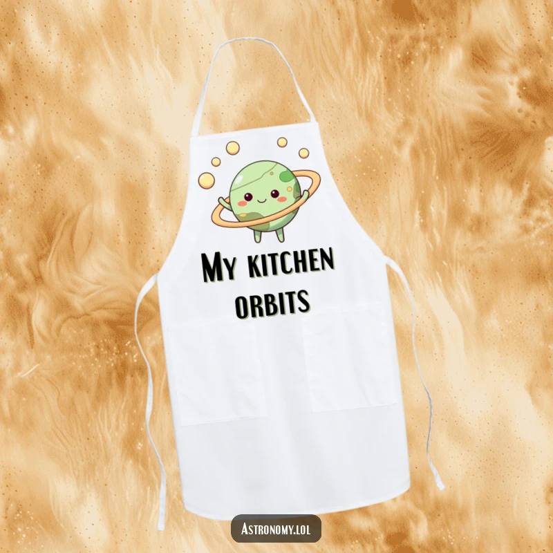 Funny planet apron featuring a happy character juggling moons, a whimsical and practical accessory for any kitchen.