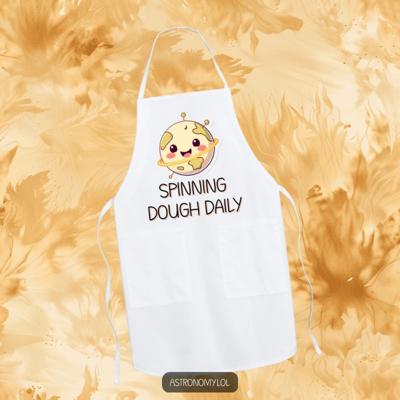 Funny happy planet character spinning happily on a kitchen apron, ideal for cheerful cooks.