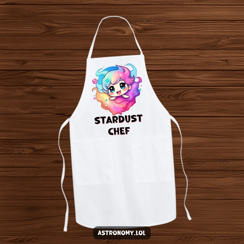 Funny nebula apron with a delighted character swirling in vibrant hues, perfect for a fun-loving home cook.
