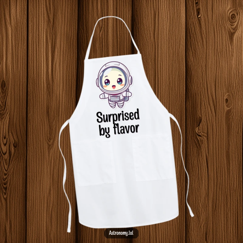 Funny apron featuring a surprised astronaut floating with wide eyes, ideal for kitchen tasks with a humorous celestial theme.
