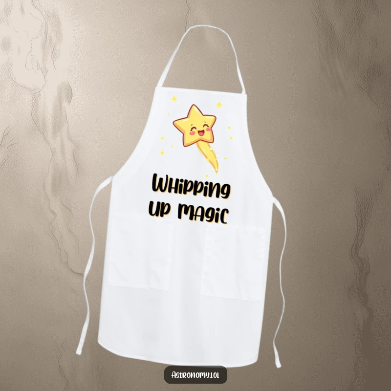 Funny apron featuring a joyful shooting star with a sparkly trail, ideal for kitchen tasks with a humorous, magical touch.