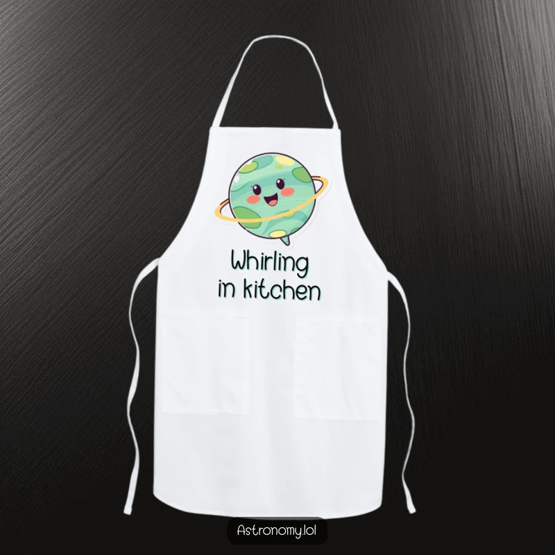 Funny apron with a graphic of a cheerful planet character spinning joyfully, perfect for kitchen fun with a cosmic theme.