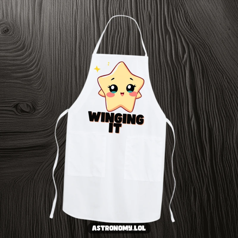 Funny Apron: A Curious Star Character Twinkling Playfully while Cooking, showcasing a humorous and practical design. A fun gift.