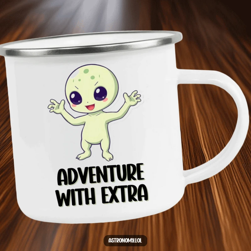 Funny camping mug depicting a bouncing alien character waving heartily with all three arms, ready for any outdoor escapade.