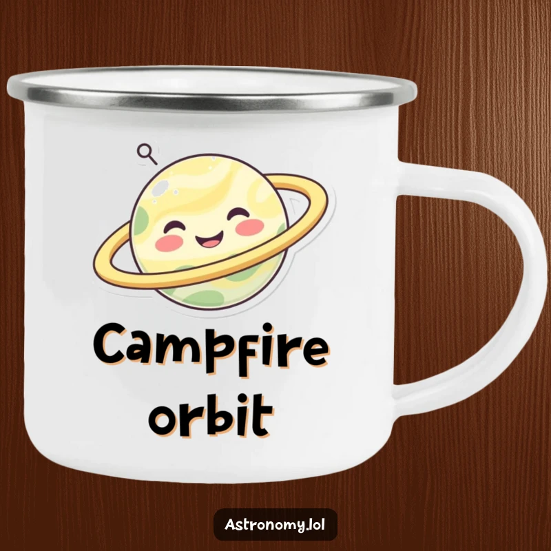 Funny happy planet character with spinning rings, a durable humorous camping mug for outdoor enthusiasts.