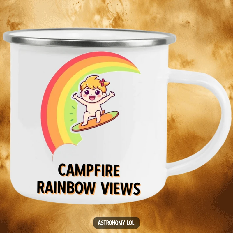 Funny camping mug with a happy character joyfully surfing a rainbow across the sky, ideal for outdoor adventures and bright spirits.