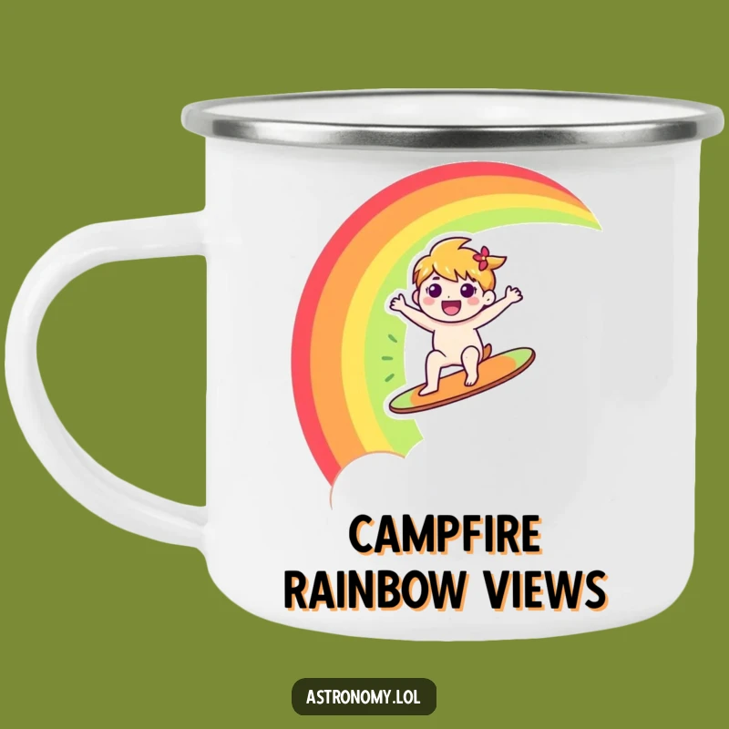 Funny Rainbow Camping Mug: Happy Character Surfs Rainbow, Outdoor Funny Gift