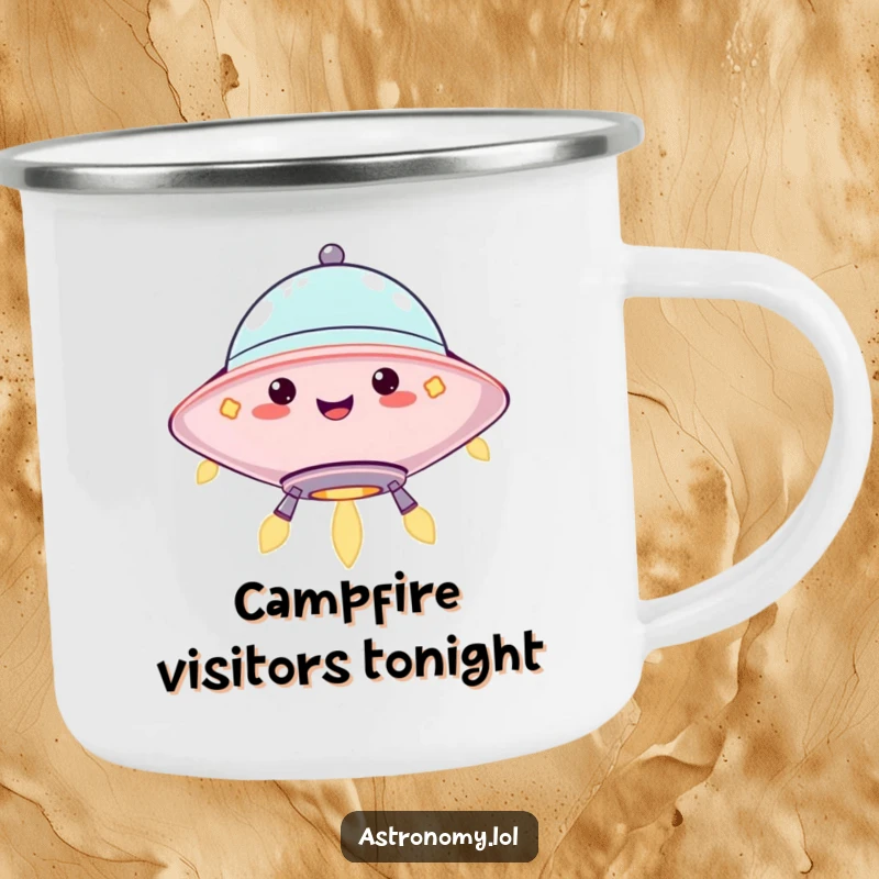 Funny camping mug featuring a jolly UFO character hovering with blinking lights, perfect for outdoor drinks. Gift idea.