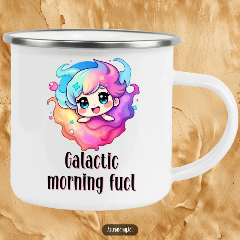 Funny nebula camping mug with a delighted character swirling in vibrant colors, designed for outdoor fun.