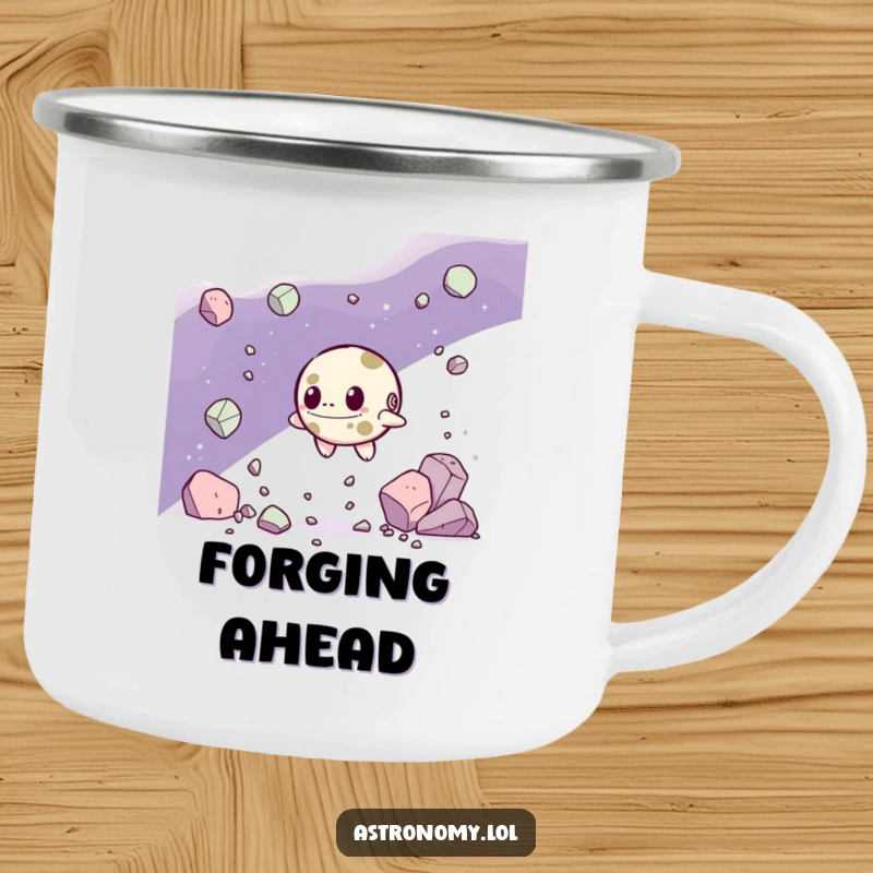 Funny Camping Mug: A Determined Asteroid Character Navigating Debris, perfect for adventurous and resilient outdoor fun. A great funny gift.