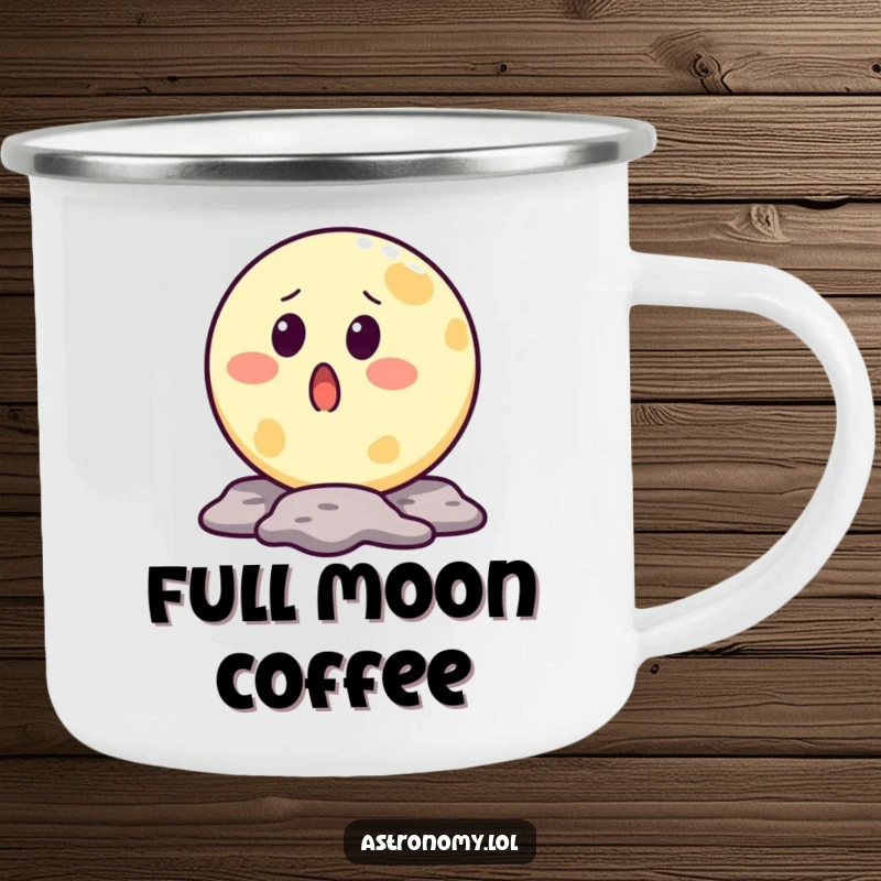 Funny moon camping mug featuring a surprised character with a crater mouth, perfect for enjoying drinks outdoors.