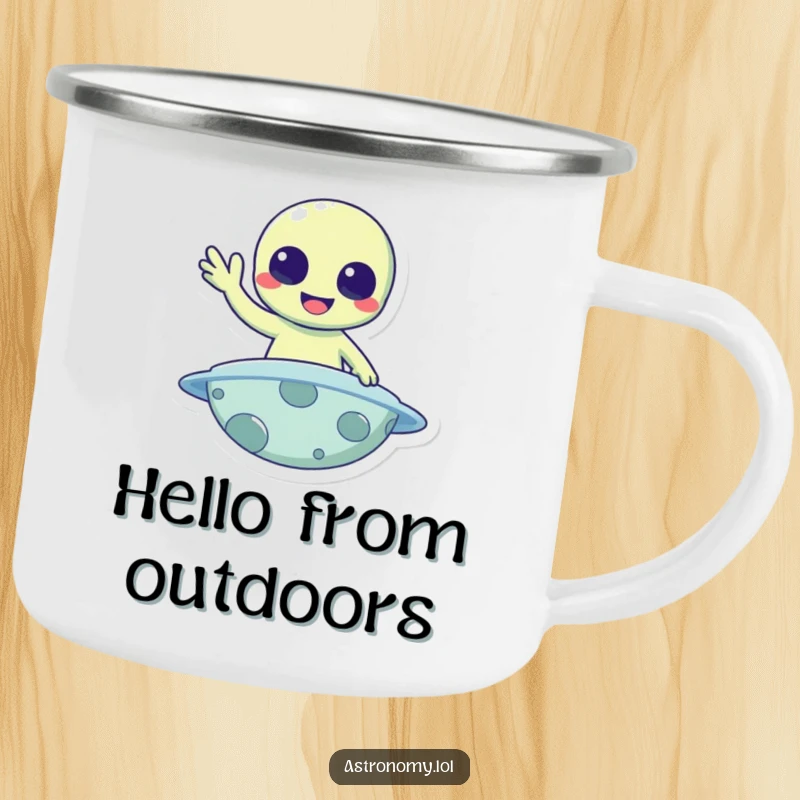 Funny Camping Mug: A cheerful alien waves hello from a planet, perfect for outdoor beverages.