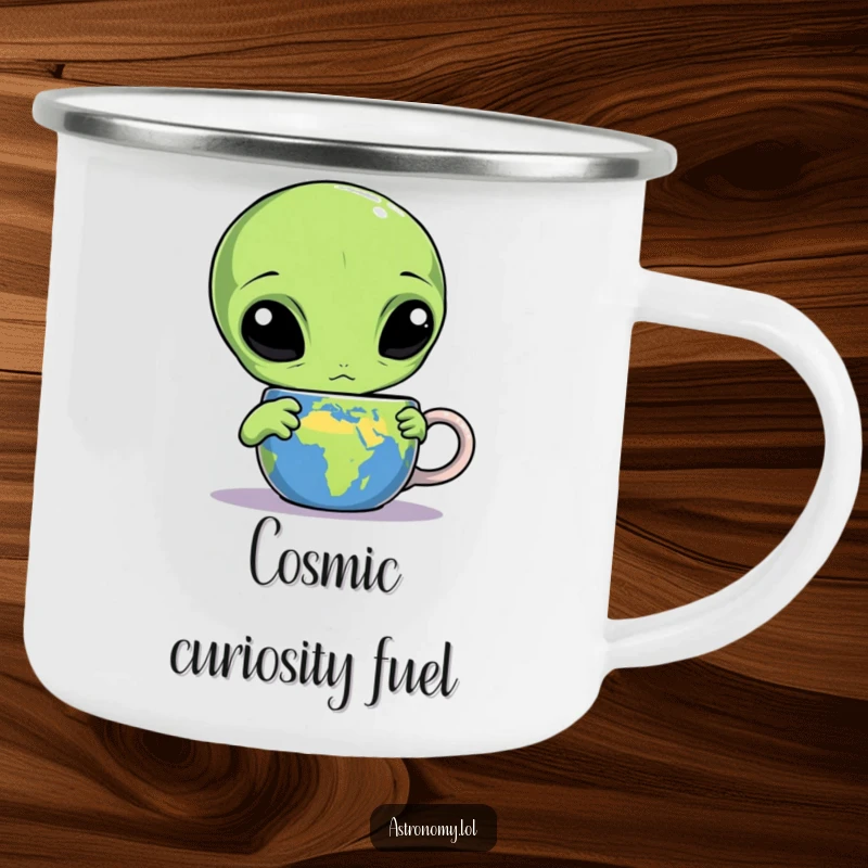 Funny alien camping mug featuring a confused three-eyed character staring at an Earth mug, a humorous and sturdy outdoor companion.